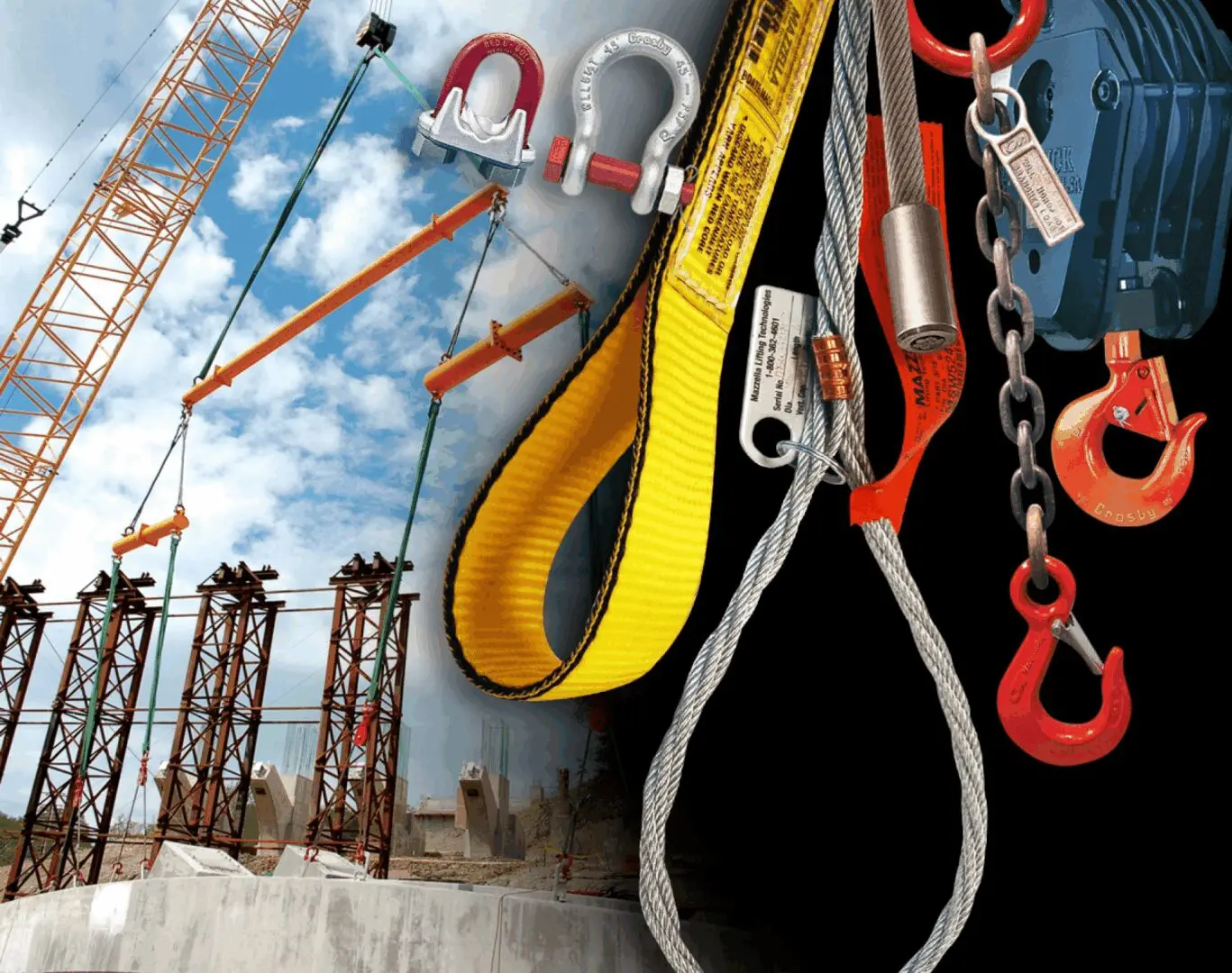 Crane lifting equipment with rigging hardware including wire rope, slings, shackles, hooks, and chain assemblies.